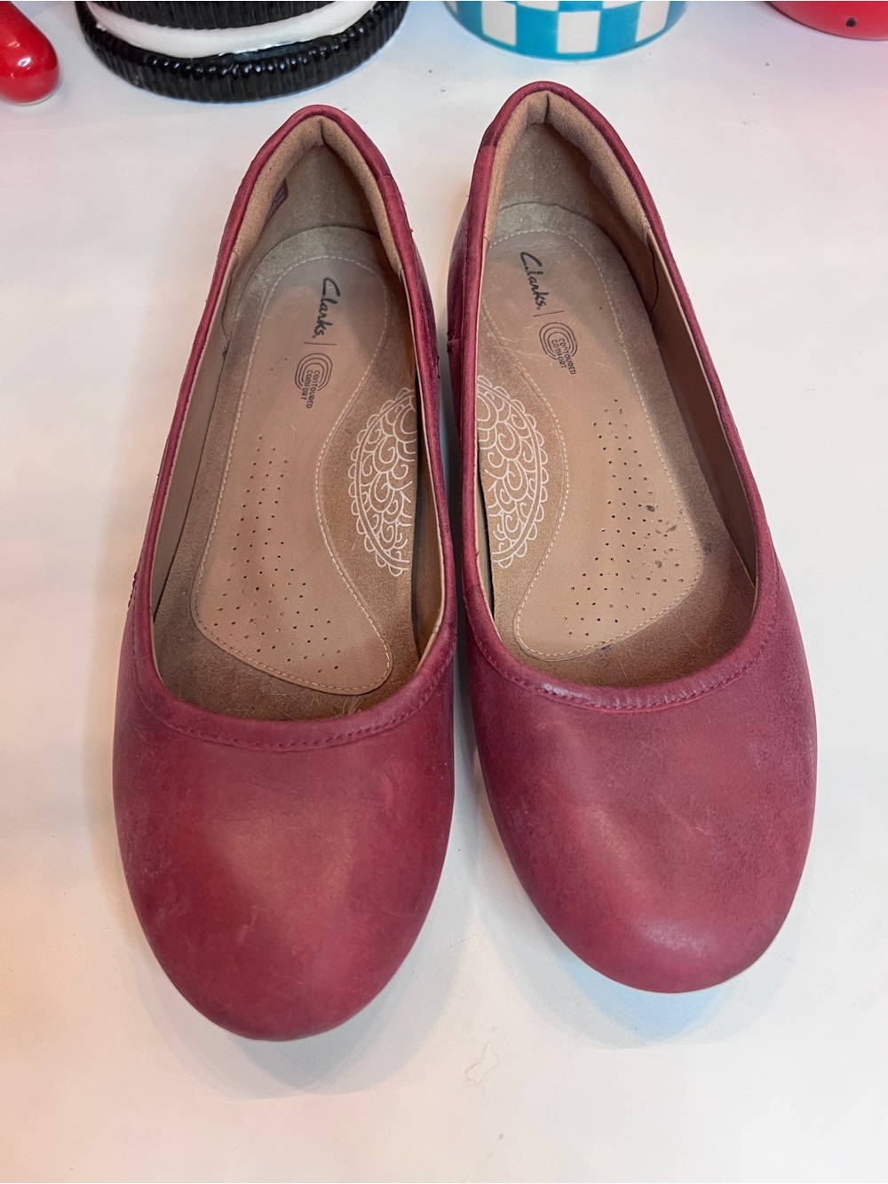 Clarks Women's Wine Red Nubuck Slip-On Ballet Flats